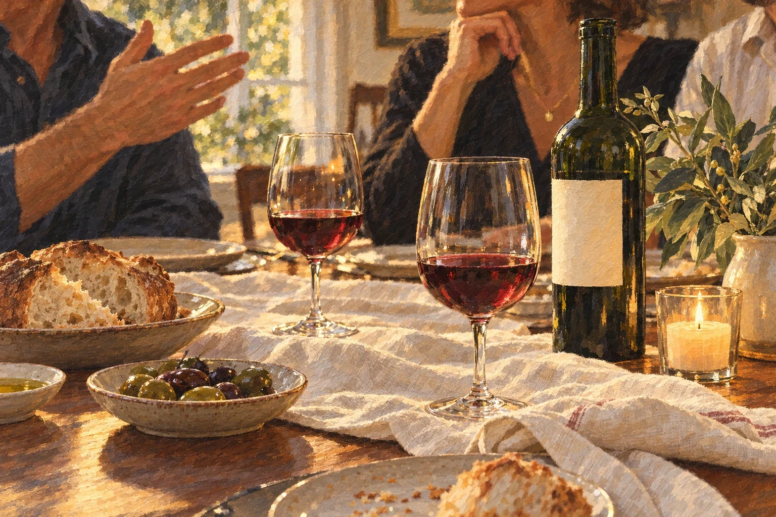 A painterly illustration of adults sharing wine and conversation over an evening meal.