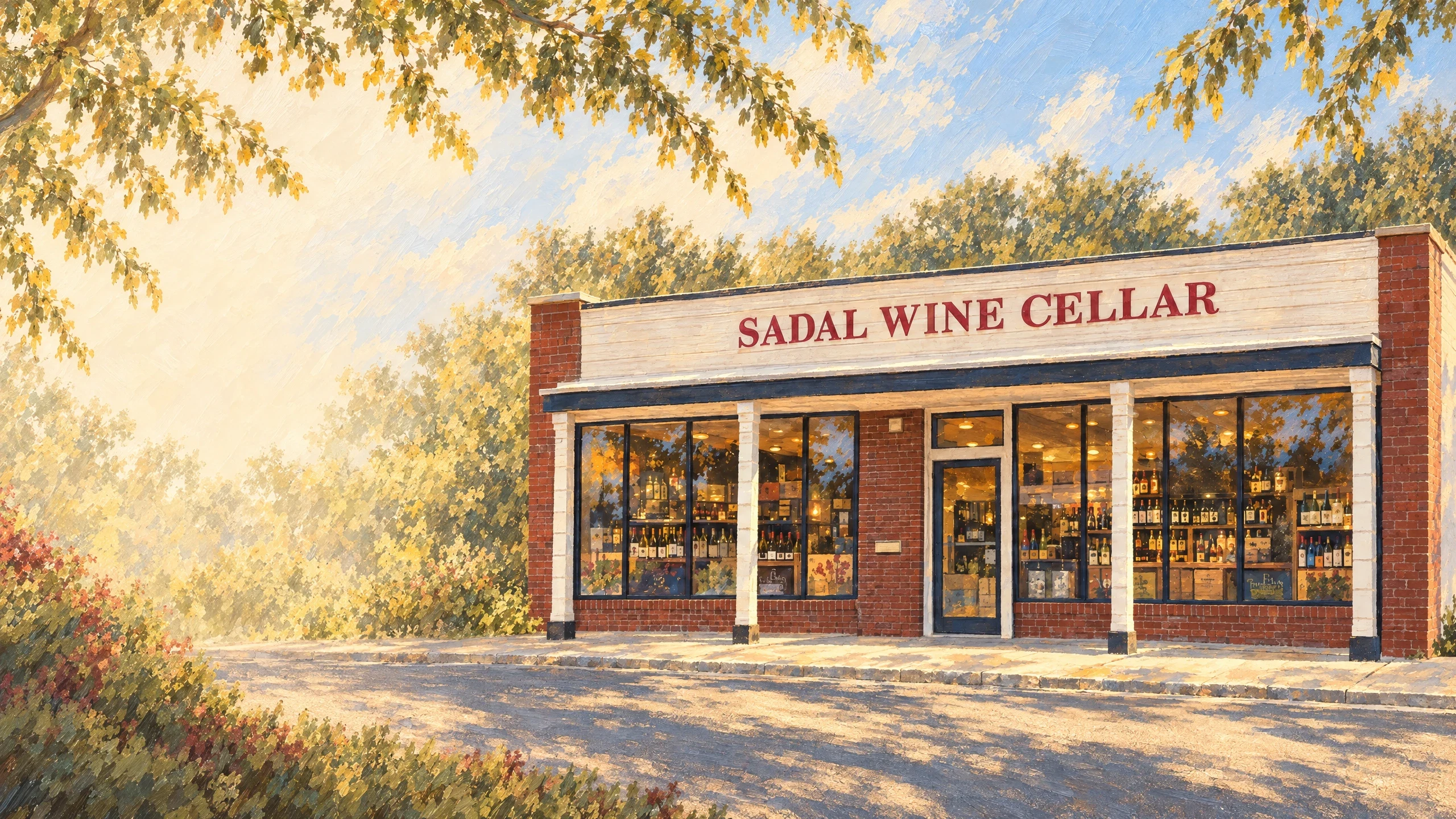 A painterly illustration inspired by the warm neighborhood setting of Sadal Wine Cellar.
