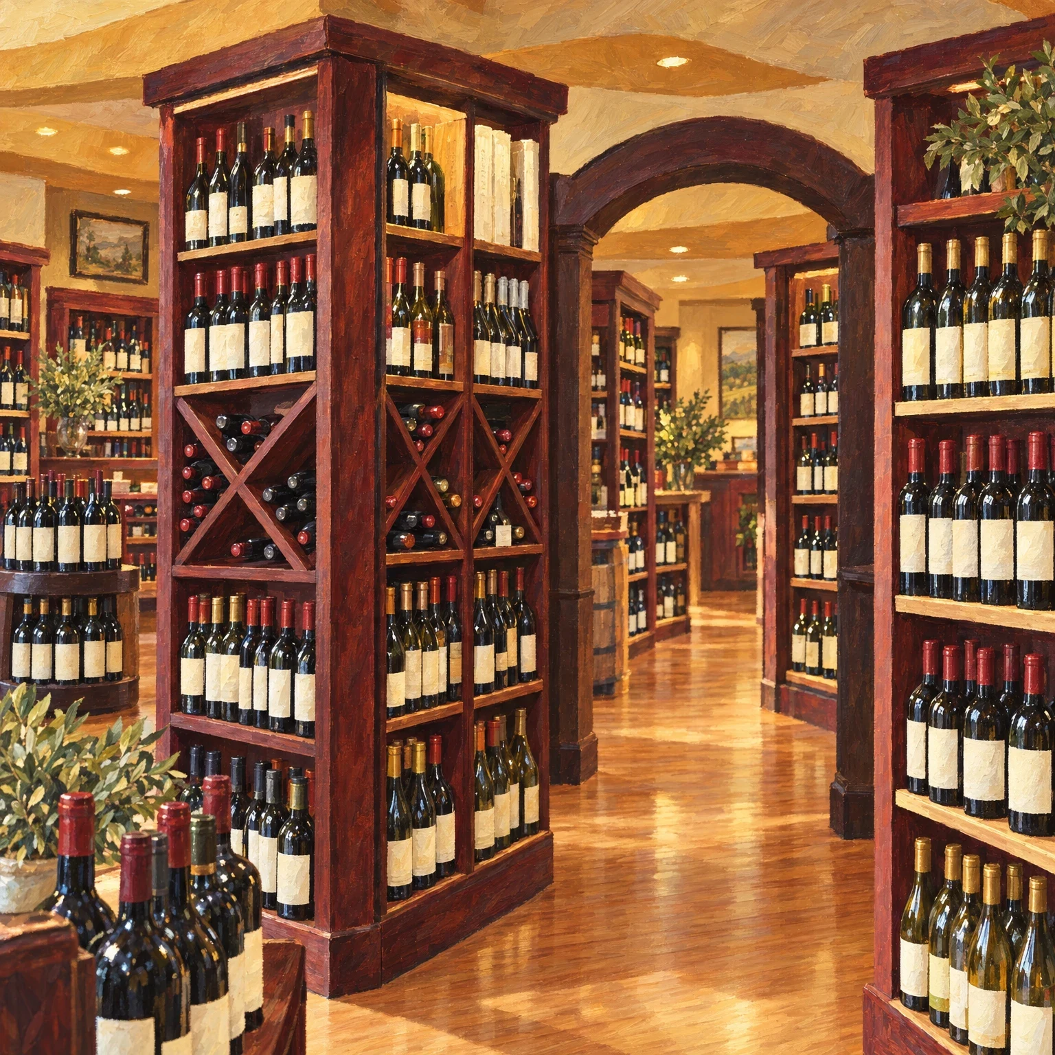 A painterly illustration inspired by the welcoming interior of Sadal Wine Cellar.